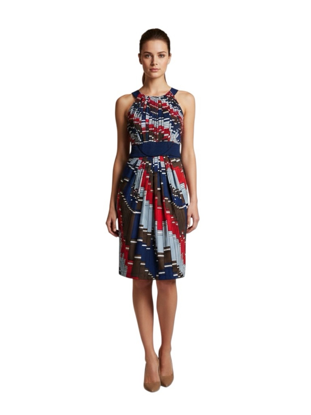 BCBGMaxAzria Multicolor Geometric Halter Midi Dress in Navy, Red & Brown | EUC